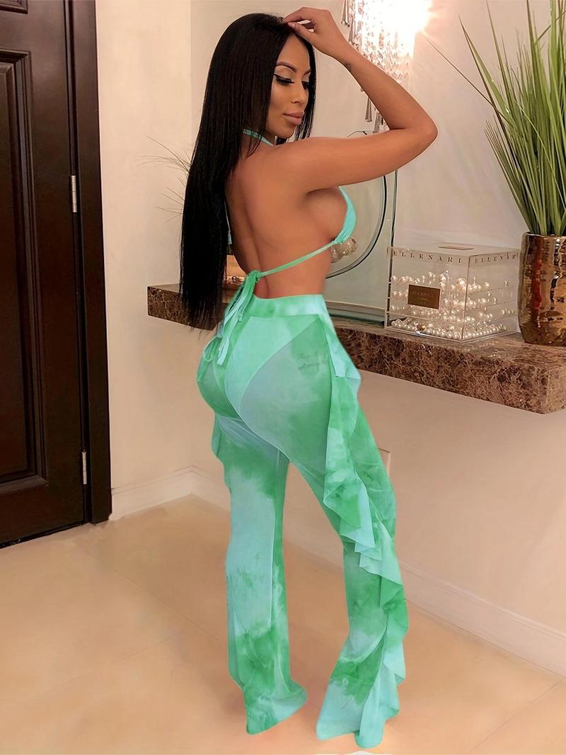 Women's All Over Print Bikini Top & Wide Leg Pants Set, Casual Fashion Swimsuit Set for Summer, Ladies Swimsuit for Beach Holiday Vacation, Bathing Suits, Tropical Print Swimsuit, Halter Neck Bikini