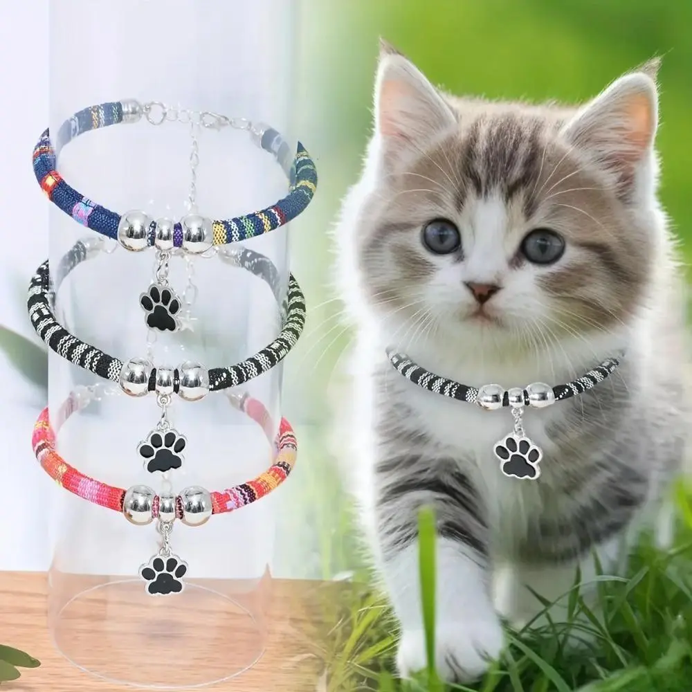 Adjustable Nylon Pet Collar for Cats & Small Dogs, Ethnic Style Durable Pet Necklace with Colorful Paw Print Pendant, Stylish Secure Accessory for Daily Walks, Parties, Birthday & Christmas Gifts, Travel Outfit Decor for Puppies & Kittens