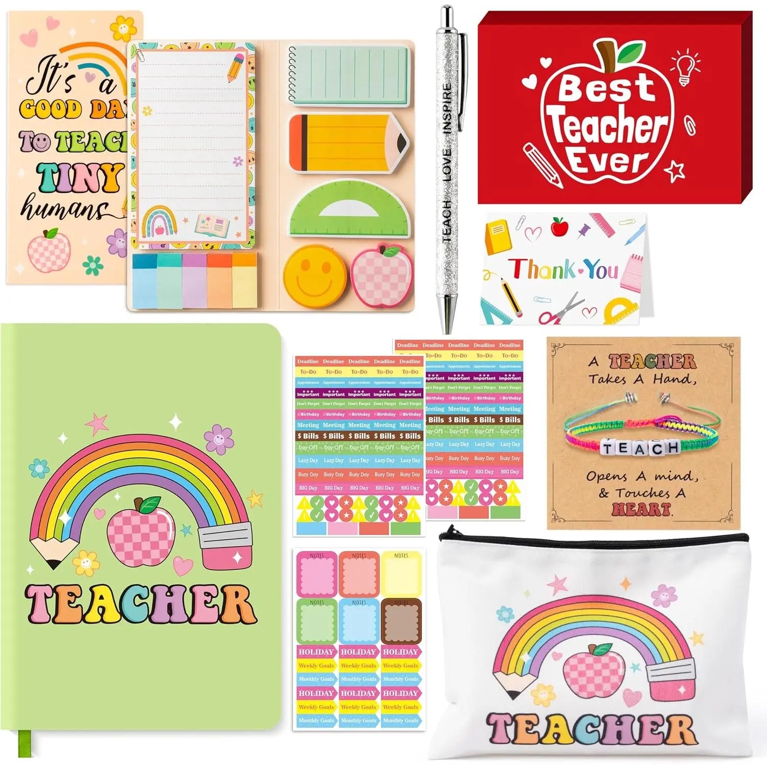 Teacher Appreciation Gifts Set - 6 count  Teacher Ever Thank You Gifts with PU Notebook, Sticky Notes, Makeup Bag, Bracelet, Pen, Thank You Card for Coworkers Teachers (Retro)