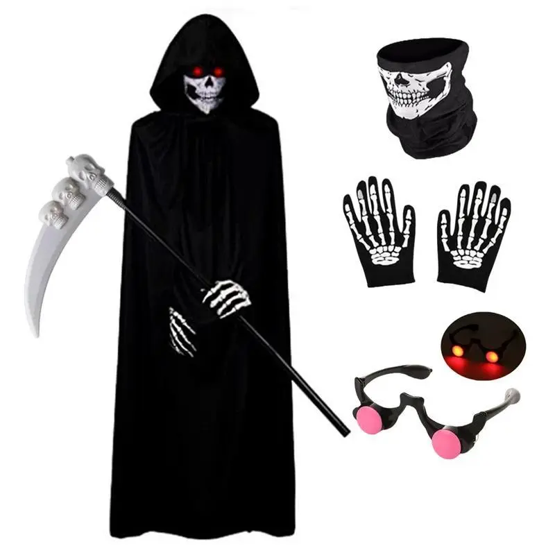 Halloween Scary Costume Grim Reaper Costume for Boys Kids Costume with Glowing Red Eyes with Gloves Mask