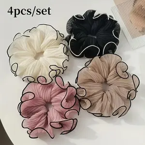 4pcs/set Elegant Fringed Fabric Scrunchies Solid Chiffon Ruffled Tulle Ribbon Hair Ties Multi-color Elastic Hair Bands Daily Hai