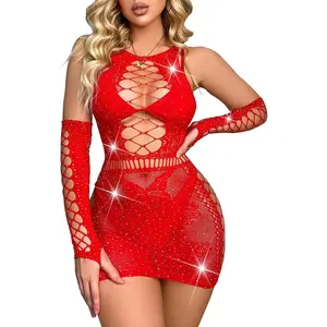 Famstar Sexy Lingerie For Women Naughty Rhinestone Sparkle Fishnet Lingerie Set Teddy Erotic Mesh Rave Outfit