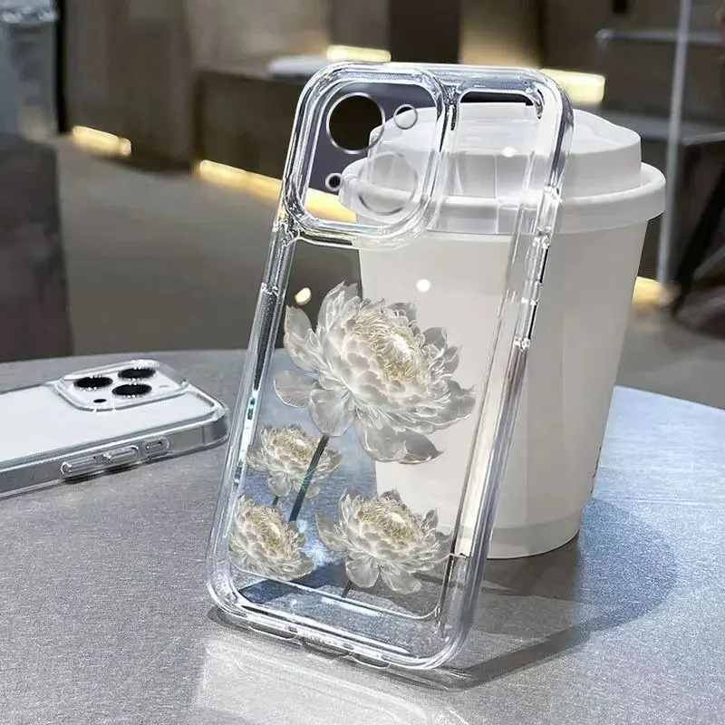 White Peony Floral Print Clear Phone Case for iPhone 17/16/15/14/13/12/11 Pro Max Plus Air – Shockproof Clear TPU Aesthetic
