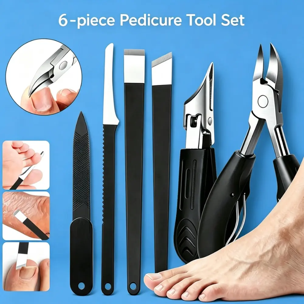 6pcs Professional Pedicure Tools Set, Stainless Steel Ingrown Toenail Clippers, Foot File, Dead Skin Remover, Cuticle Cutter, Home Salon Foot Care Kit