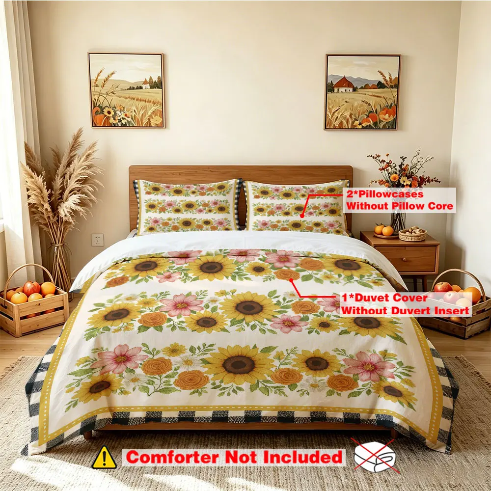 A three-piece bedding set (1 bedspread + 2 pillowcases, without an inner core) with a sunflower harvest-themed slogan. The harvest festival bedding set is suitable for various occasions such as hotel bedrooms, dormitories, single beds, etc. It's al