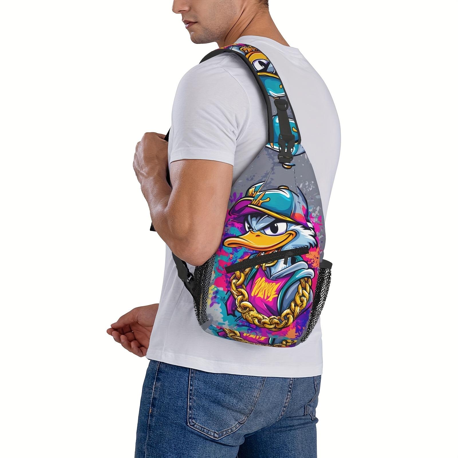 Large Hip-Hop Backpack with Bold Duck Chain - Heavy-Duty Machine-Washable Polyester Crossbody Bag, Adjustable Strap & Zipper Closure - Spacious Backpack for Travel, Hiking, Cycling, - Urban Streetwear Backpack for Men & Women (Blue/Purple/Pink/Black/Gray)