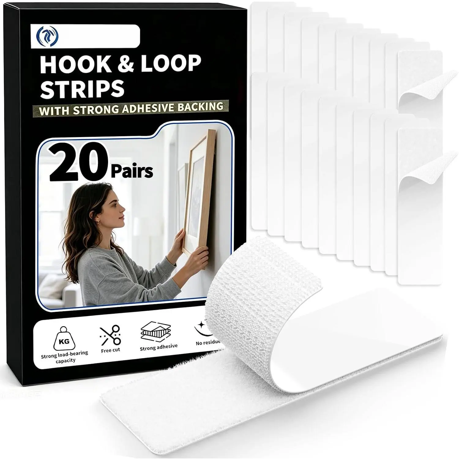 20 Sets Double Sided Tape Heavy Duty White Hook and Loop Tape, 1x4Inch Adhesive Strips – Secure Mounting for Rug Poster Artwork Mirror  Couch Cushion Wall, Indoor & Outdoor Use
