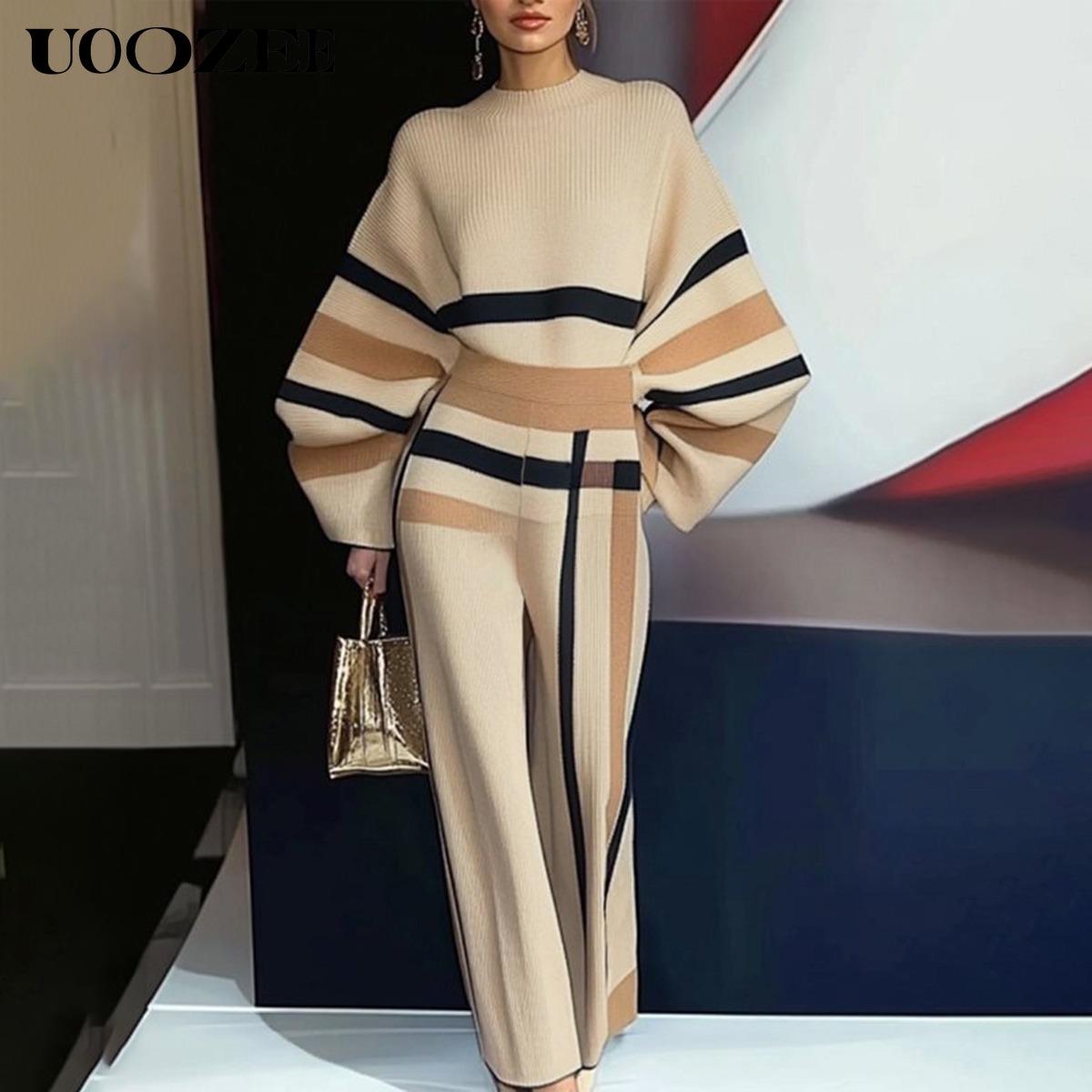 UOOZEE Loose Striped Round-Neck Pullovers Sweater Tops & Loose Wide Leg Striped Casual Pants Set Viscose Nylon Knitting Women's Clothing Suits Long Sleeve(The bottom is a bit small. It is recommended to choose one size larger)