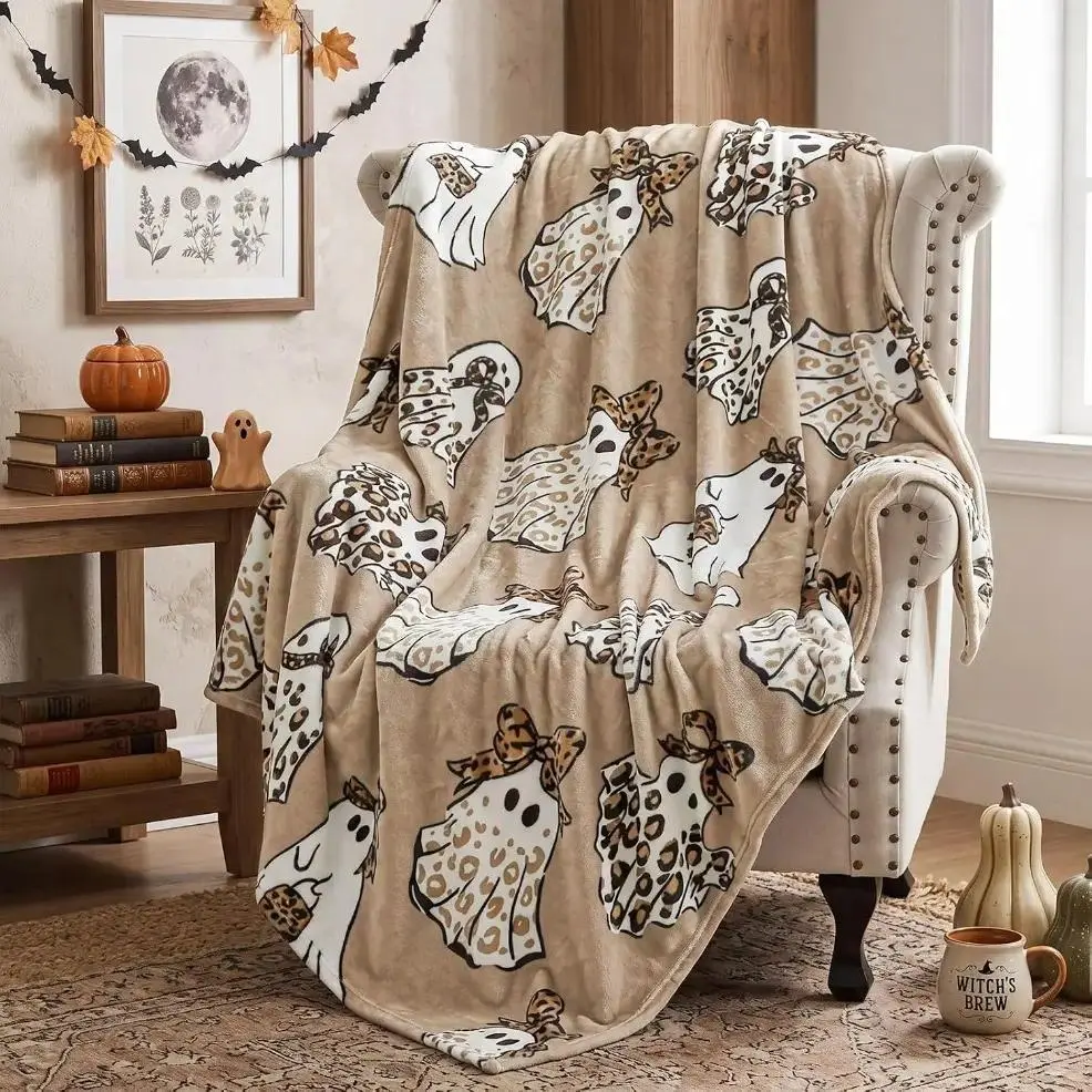 Halloween Cheetah Ghost Brown Leopard Flannel Fleece Throw Blankets, Wrinkle Resistant Cozy Spooky Western Boho Decor Blanket for Adults & Babies, Holiday Season Home Decor, Perfect Halloween Birthday Gift