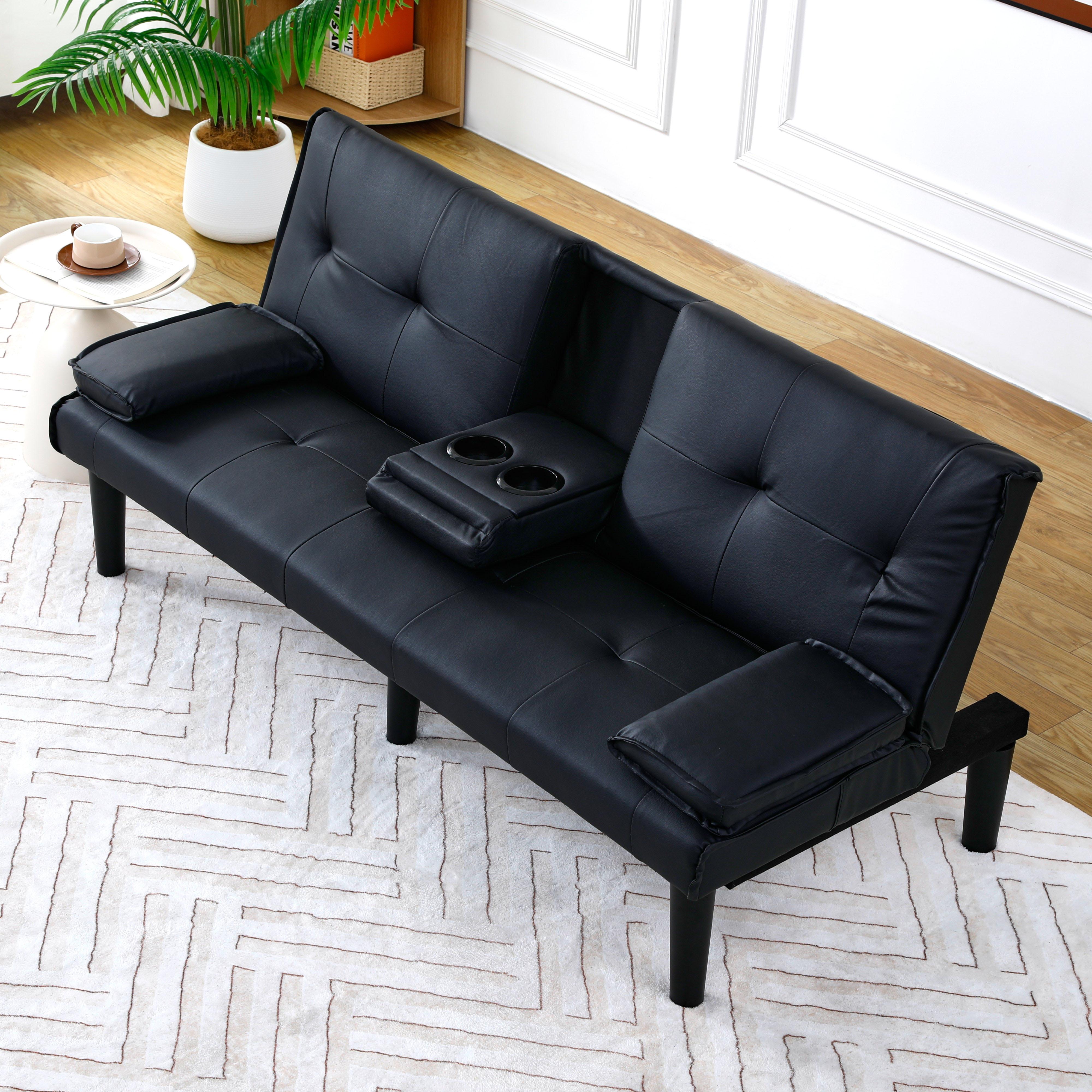 Futon Sofa Couch Bed, Faux Leather PU Folding Sleeper Sofa Bed Love Seat for 2 People, Mini Couch Sofa, Twin Futon Loveseat with Cup Holders for Bedroom, Black