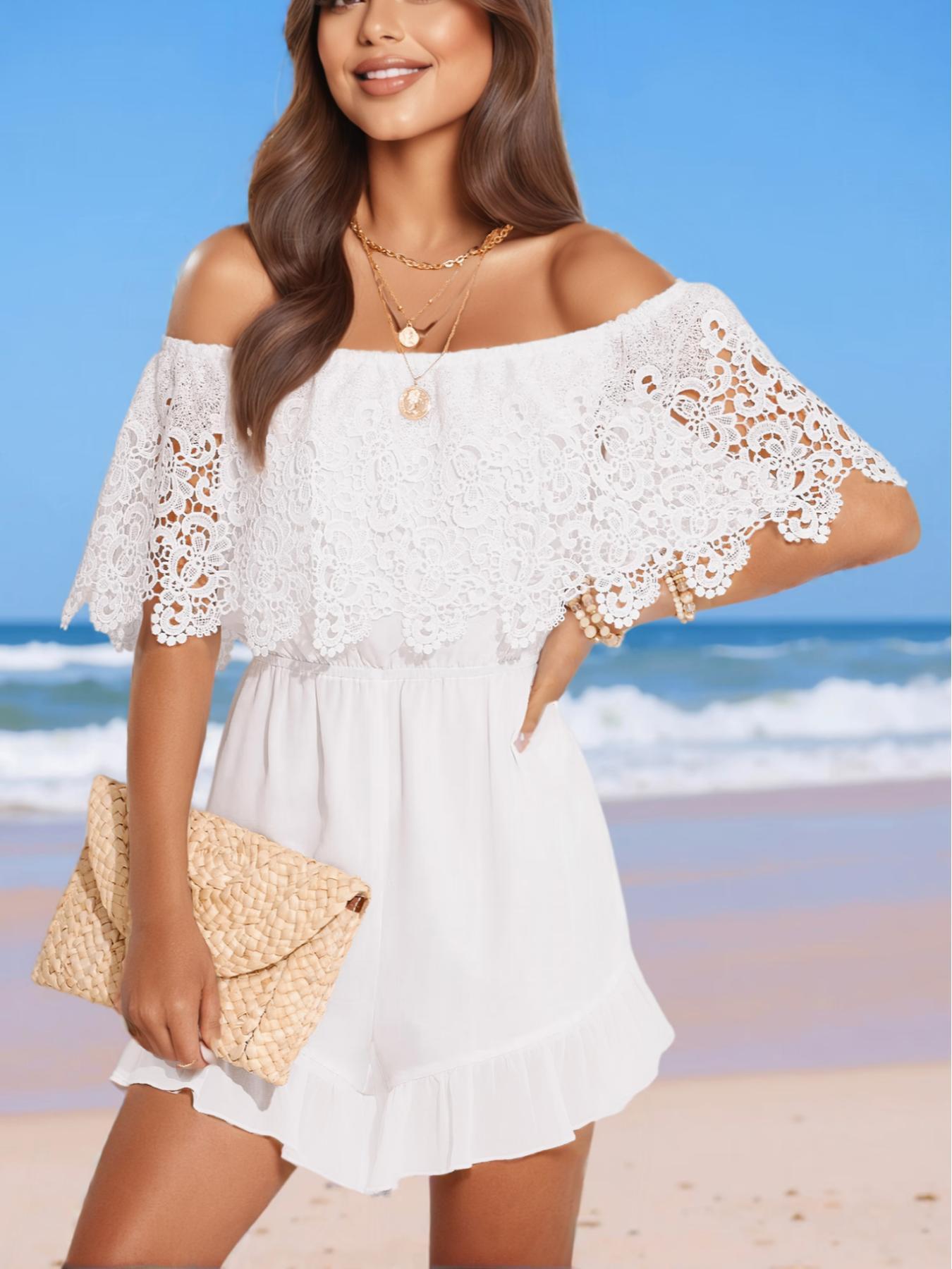 Women's Solid Lace Trim Off Shoulder Romper, Boho Cute Fashion Casual Basic Romper for Daily Holiday Vacation Wear, Ladies Clothes for Summer