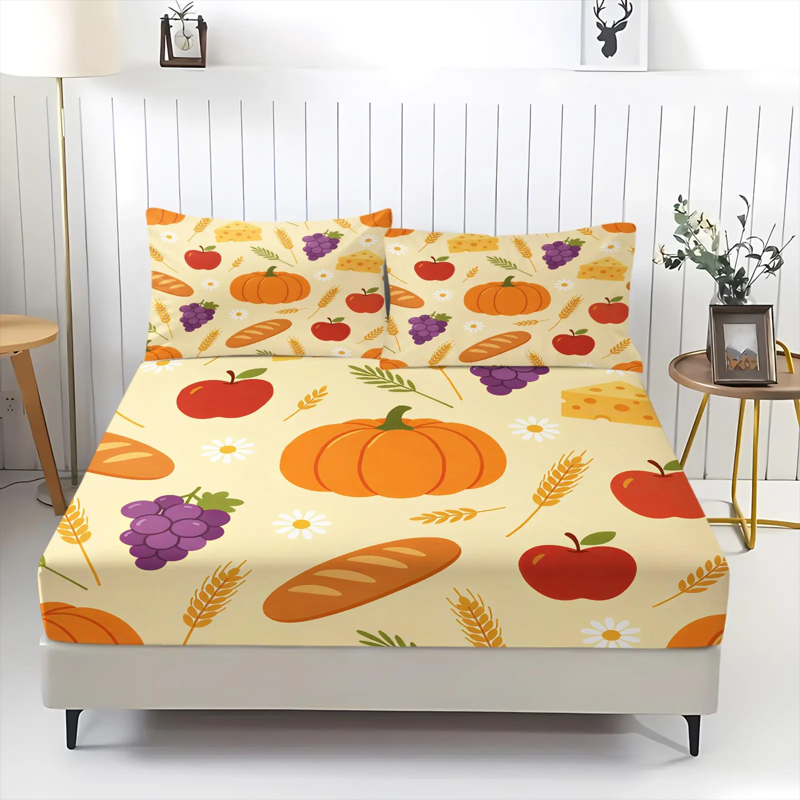 3Pcs Autumn Harvest Fitted Sheet Set,Pumpkin Wheat Pastoral Cartoon Print,Wrap Anti Slip Fitted Sheet,Warm Bedroom Set For Thanksgiving