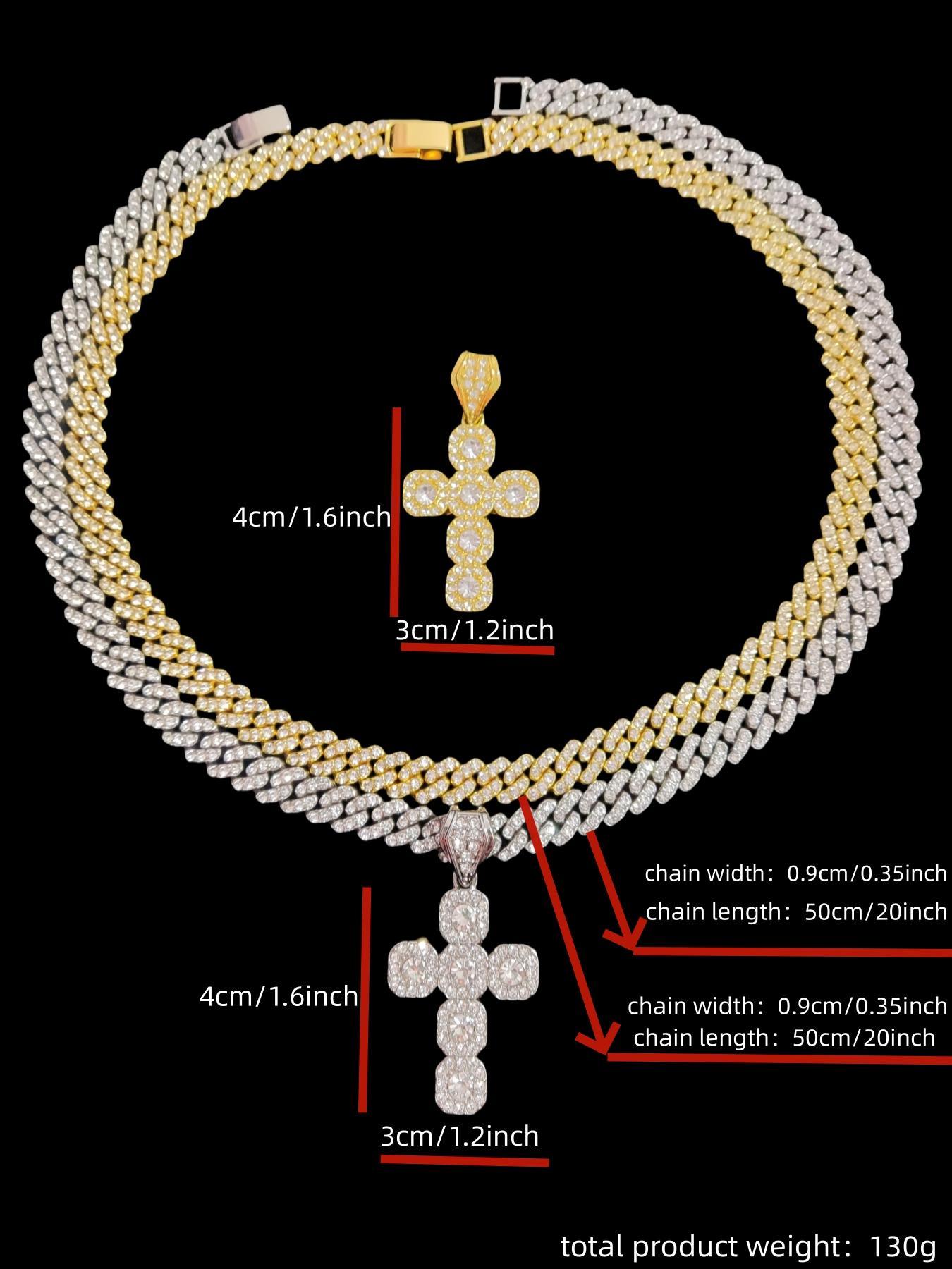 Hip Hop Artificial Diamond Cross Pendant Necklace As Gift, Elegant Rhinestone Necklace, Rhinestone Cuban Chain Link Necklace for Men Women, Streetwear Matching Chunky Rhinestone Decorated Jewelry for Daily, Cuban Link Design