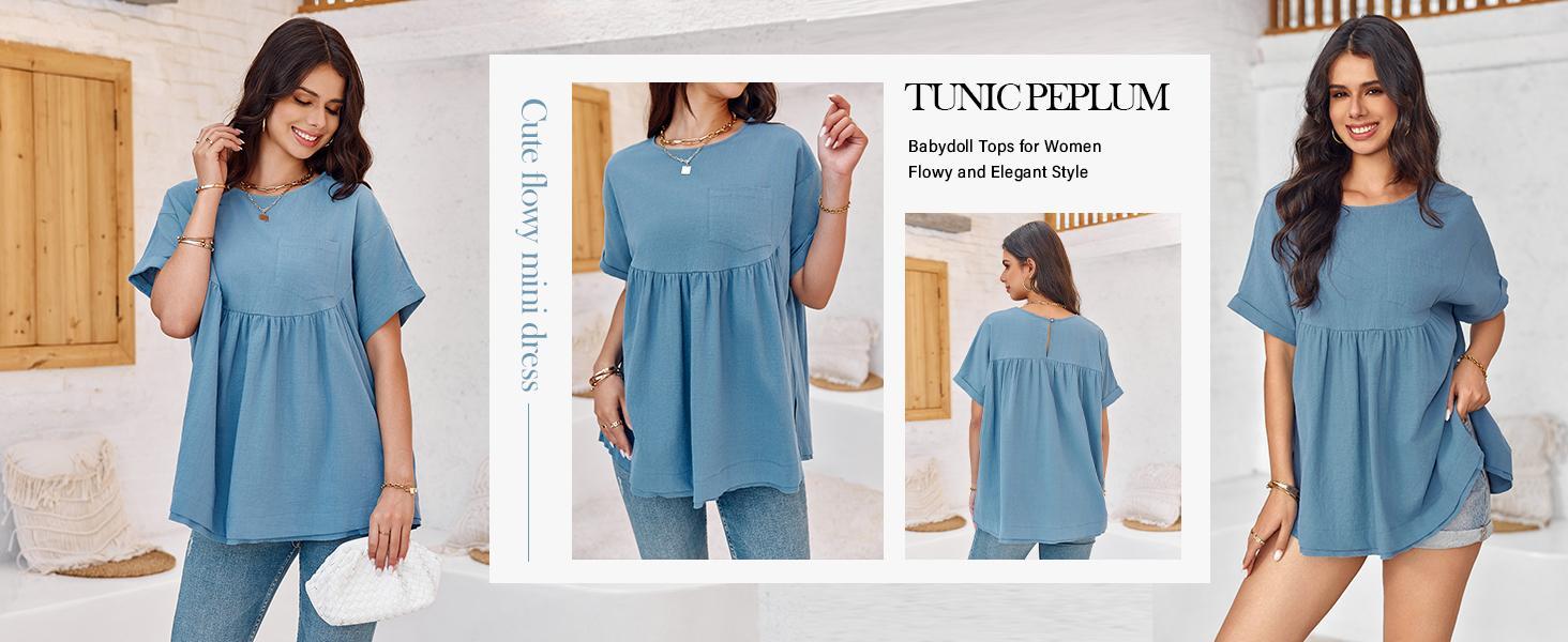 Imily Bela Womens Summer Babydoll Tops Casual Loose Fit Peplum Oversized Tunic Shirts