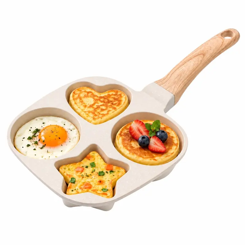 4-Cup Nonstick Egg Pan with Heart and Star Shapes, Multi-Section Omelette Maker and Pancake Skillet, Easy-Clean Breakfast Cooking Pan for Eggs, Mini Pancakes and Burgers