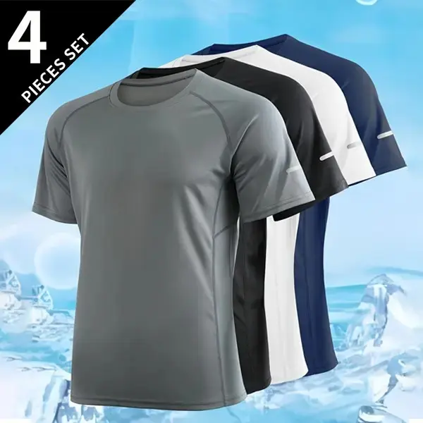 4PCS Men's Print Reflective Stripe Sports T-Shirts, Quick Drying Breathable Round Neck T-shirt,Casual Tops for Workout Running, Gym Tees, Men's Sportswear for Summer Running Shirts, Moisture-Wicking T-Shirts, Gym Workout Short Sleeve Shirts