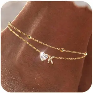 14K Gold Plated Anklet Bracelets Women Inlaid Shiny Heart Cubic Zirconia Pendant Ankle Chain Dainty Layered Initial Letter A-Z Waterproof Tennis Anklets Beach Foot Jewelry
