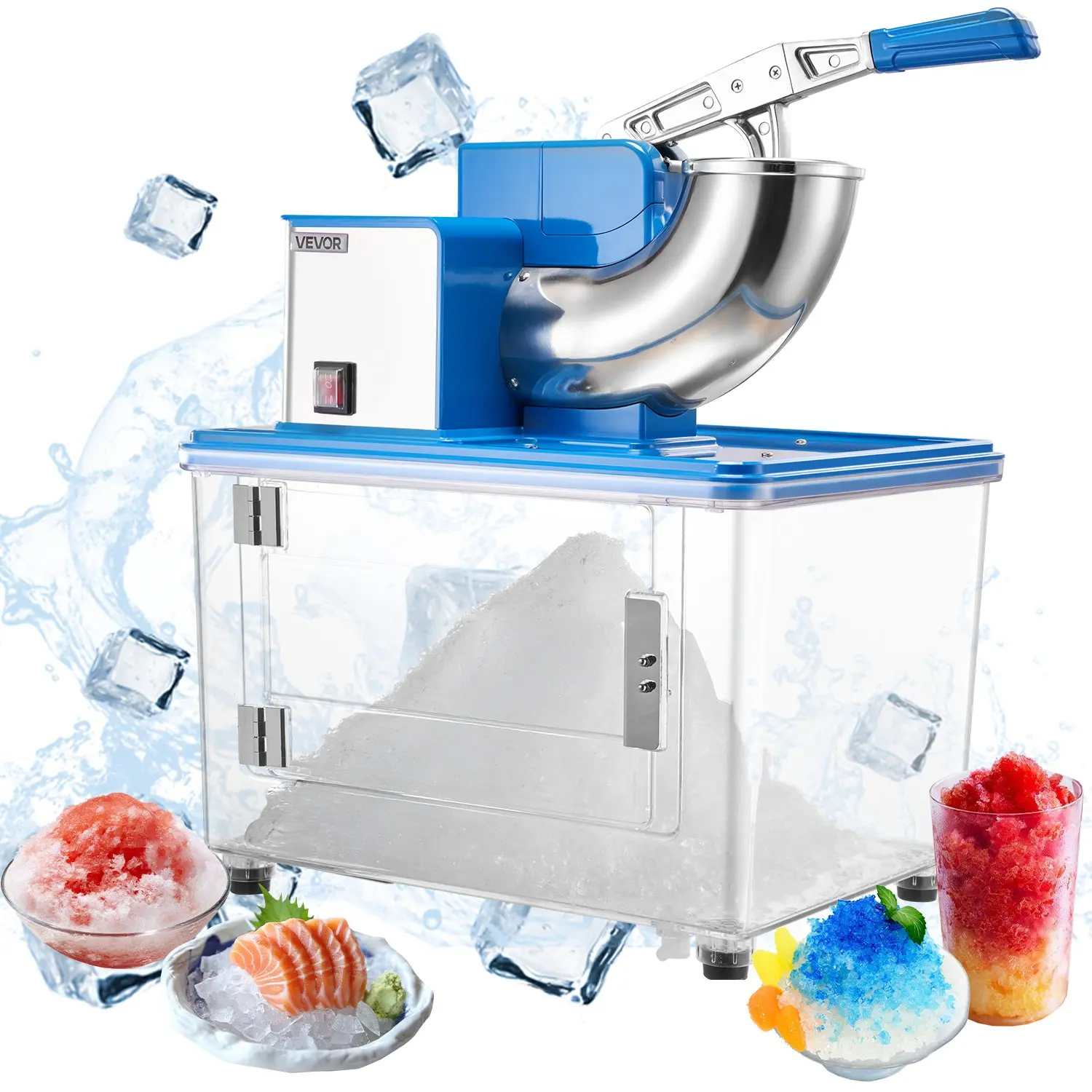 【DealsForYouDays】VEVOR Commercial Ice Crusher 661LBS/H, 350W Electric Snow Cone Machine with 4 Blades, 2000RPM Stainless Steel Shaved Ice Machine with 11 Gal Crushed-Ice Box, for Family Restaurants Bars, Blue