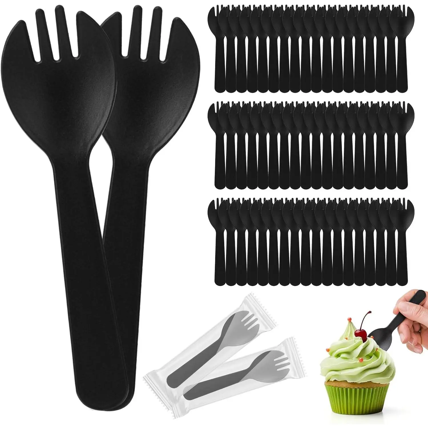 100pcs 4.2 Inch Individually Wrapped Black Plastic Mini Spork Compact Disposable Fork Spoon Combo for Cake Appetizer Snacks Dessert Bar Parties Travel Use