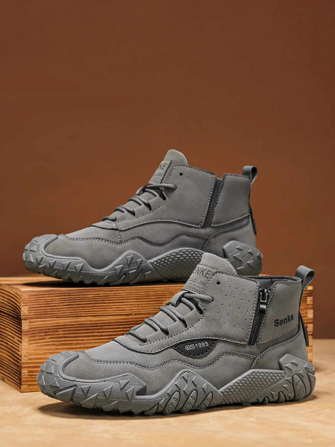 Men's High Top Outdoor Work Boots, Working Shoes, PU Leather, Side Zip, Patchwork Design, Casual Shoes, Comfortable Rubber Sole, Ideal for Daily Use