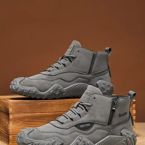 Men's High Top Outdoor Work Boots, PU Leather, Side Zip, Patchwork Design, Casual Shoes, Comfortable Rubber Sole, Ideal for Daily Use, Walking Shoes