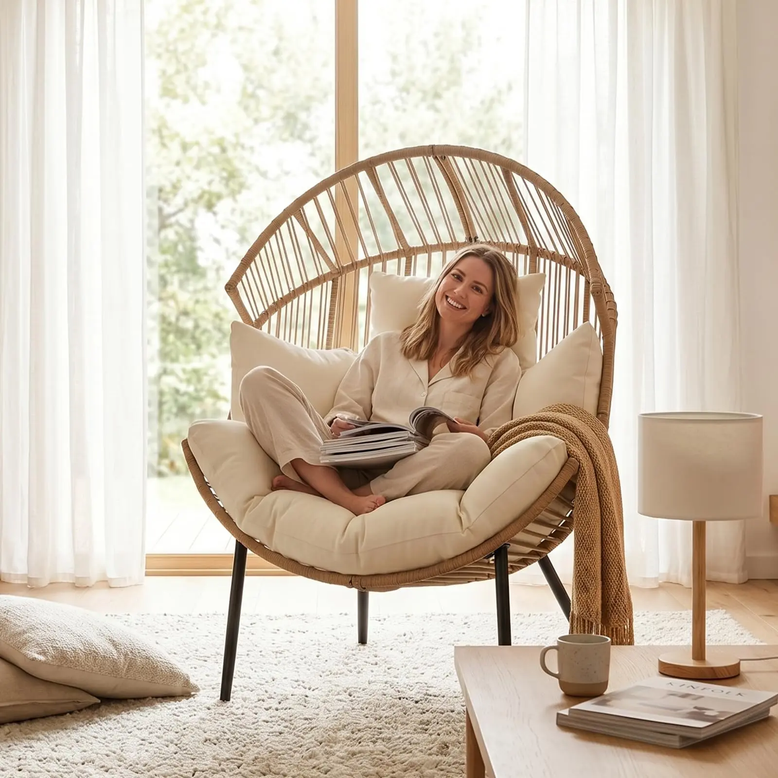 Oversized Rattan Swing Chair – Modern Outdoor Egg Chair with Thick Cushion & Soft Pillow – Ergonomic Wicker Lounge for Patio, Garden, Balcony – Natural Frame, Beige White