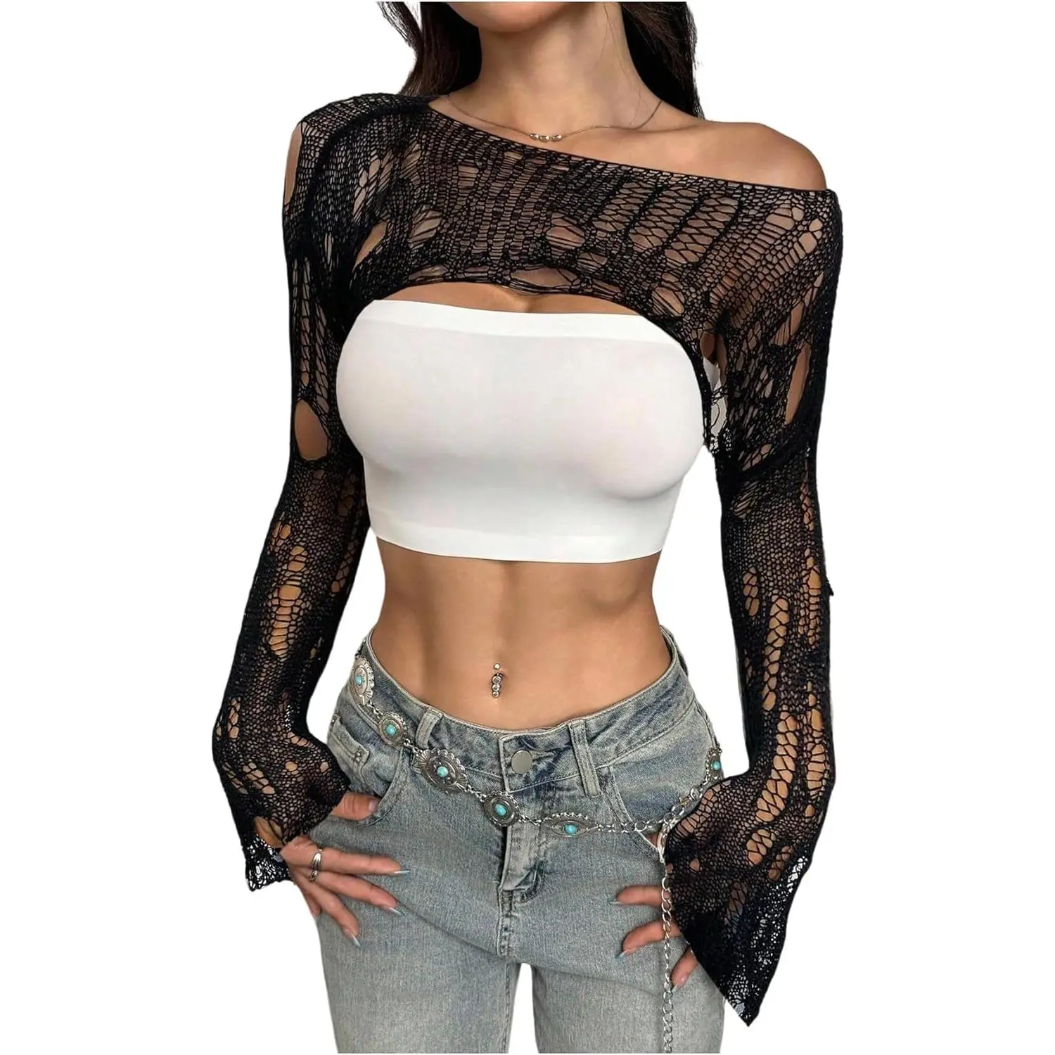 Women's Solid Knitwear Bolero Shrug, Casual Distressed Crochet Long Bell Sleeve Hollow Out Crop Top, Skin-Friendly Going Out Top, Crew Neck Blouse, Long Sleeves