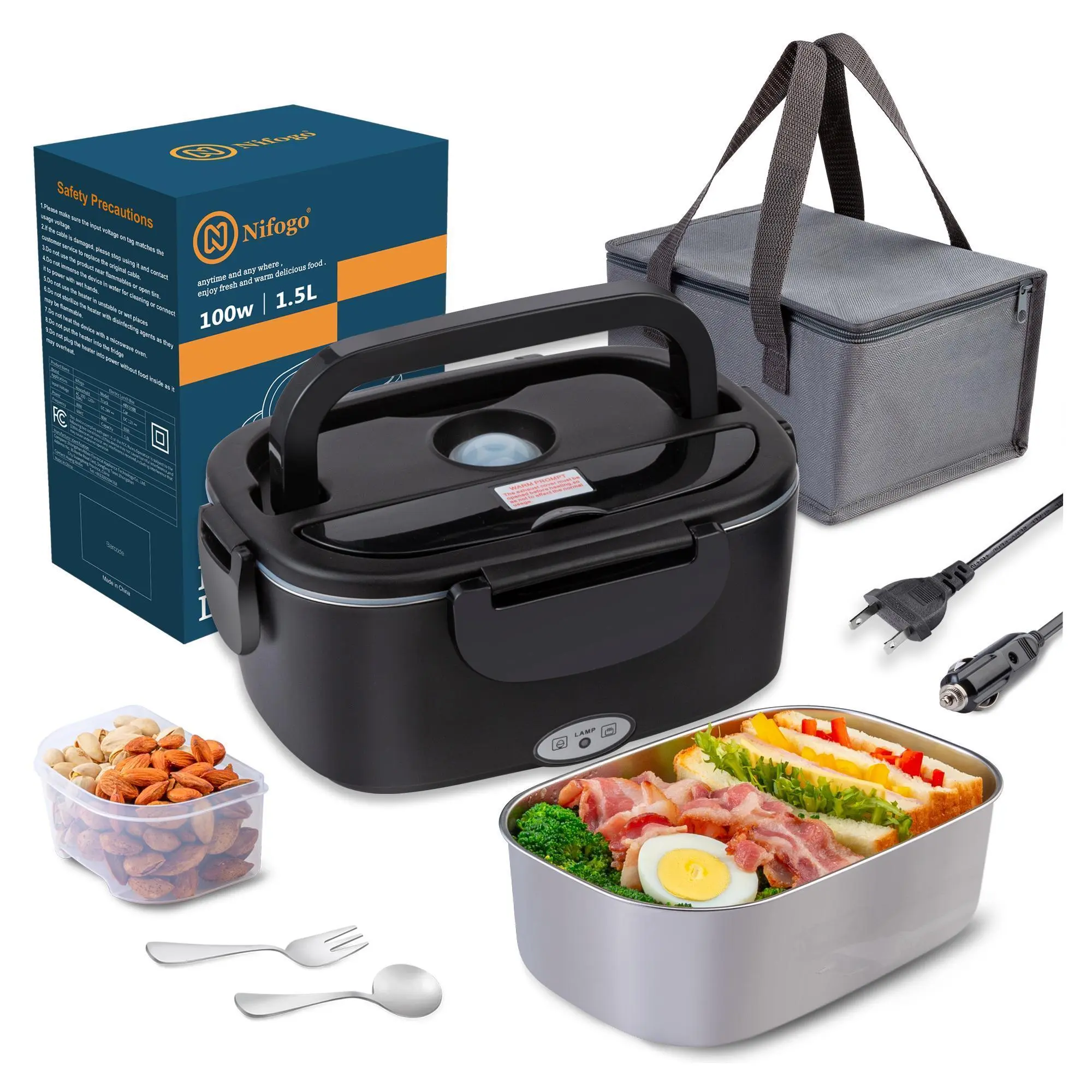 80W Electric Heated Compact Steel Lunch Box - 3-in-1 110V/12V/24V Portable Insulated Cooler, Leakproof Thermal Tableware with 1.8L Removable Stainless Steel Container & Carry Bag for Adults, Compact Steel Lunch Boxes