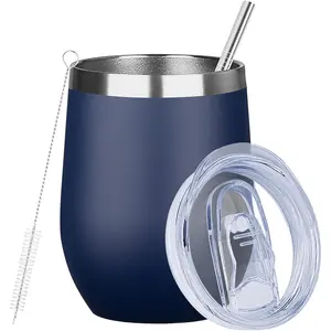 12 Oz Insulated Wine Tumbler with Lid Double Wall Vacuum Stainless Steel Wine Glass Coffee Mug Insulated Tumbler Cup for Champaign, Cocktail, Beer (Navy, 1 Pack)