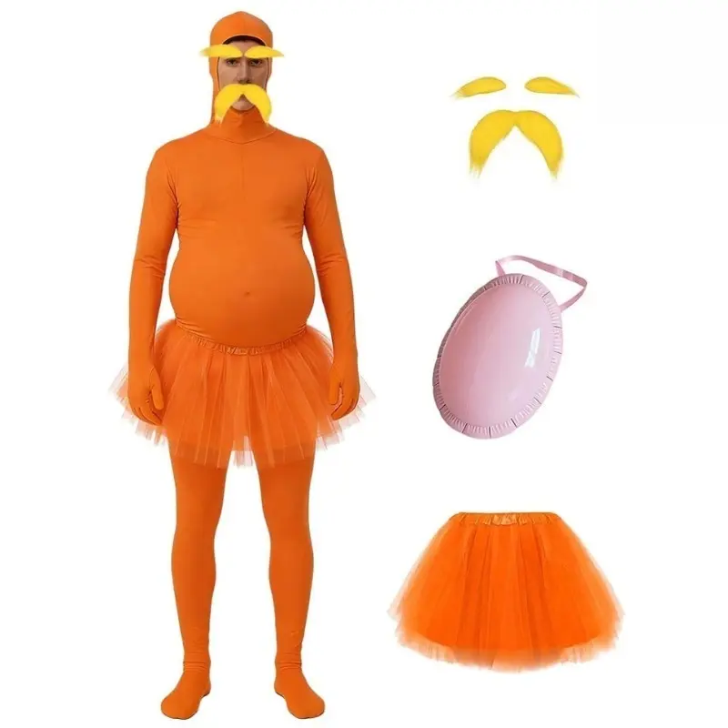 Halloween Orange Bodysuit with Fake Belly - Unisex Padded Jumpsuit for Cosplay Party, Funny Costume for Prank, Pregnancy Role Play, Dress Up for Carnival, Stage Performance
