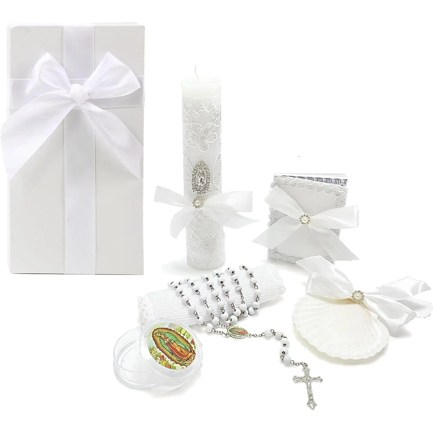5 PCS White Baptism Candle Set for Boys Girls, Virgen De Guadalupe Catholic Baptism Kit with Candle, Towel, Shell, Rosary, Bible for Baby Dedication Christening Gift