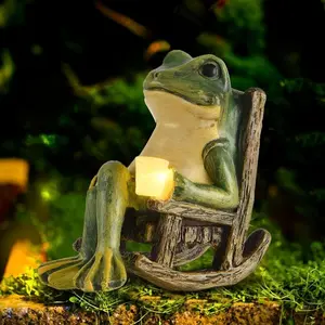 Solar-Powered LED Frog Garden Statue- Mini Resin Rocking Chair Frog Decor with Warm Glow, Outdoor Patio/Lawn Night Light, Desktop Sculpture for Housewarming & Gift figurine