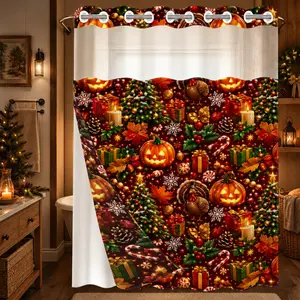 1Pc Hookless Waterproof Shower Curtain, Red Background Pumpkin Turkey Xmas Tree Multi-Holiday Mix Print, Quick Dry Mildew Proof Fabric, Removable Snap-in Liner Accessory, Top See-Through Window, Warm Red Autumn Winter Holiday Divider Curtain 71×74 Inch