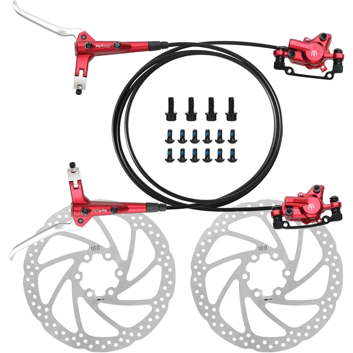 2-Pistons MTB Disc Brake Set Hydraulic Disc Brake Kit Left Rear Right Front with 160mm Rotors Aluminum Alloy Hydraulic Brake Fit for Mountain Bike E-Bike Fat Bike (Red)