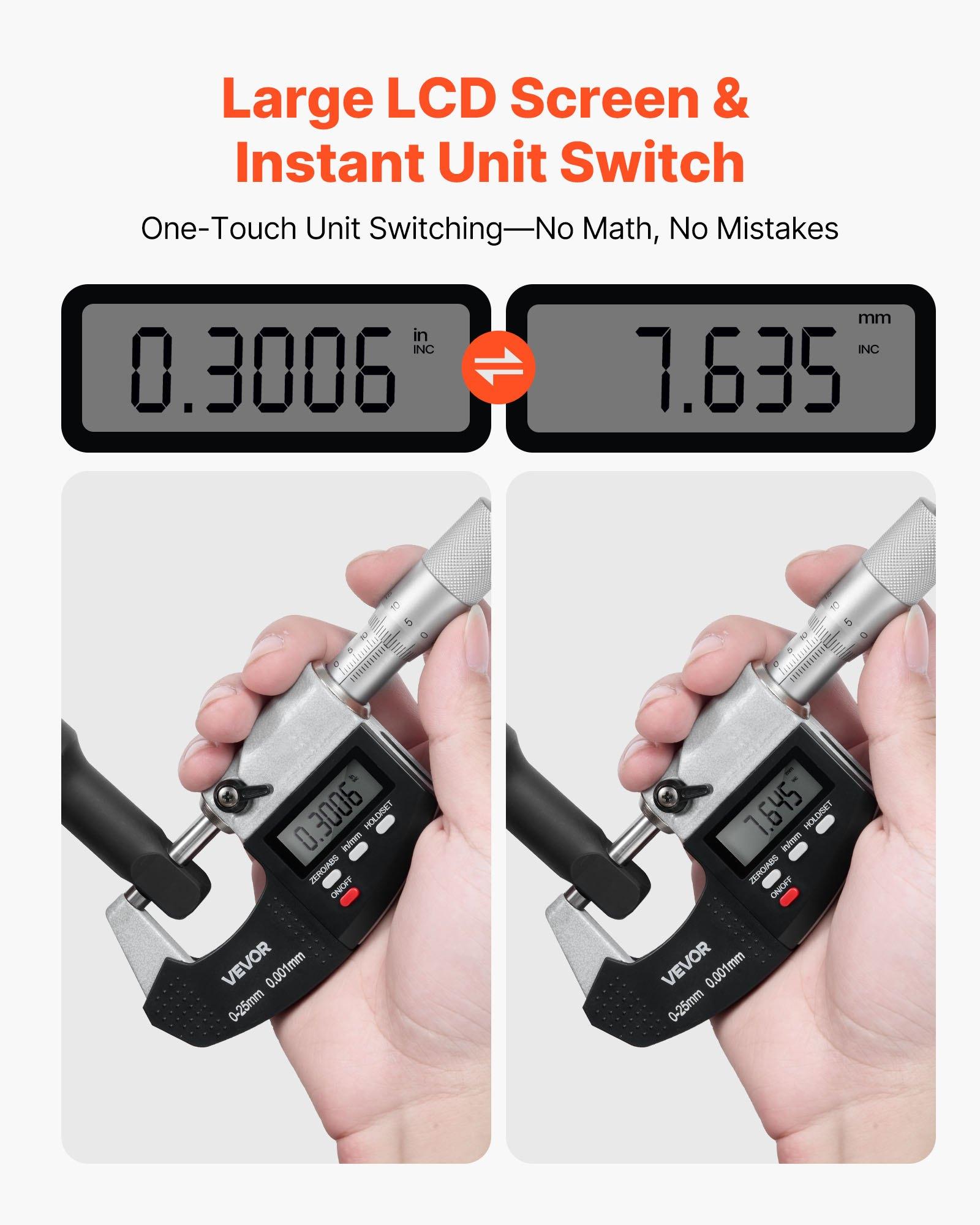 VEVOR Micrometer Set, Digital Outside Micrometer 0-1 inch Measuring Range, 0.00005" Resolution, Ultra-Precision 0.0001 Accuracy, LCD Screen, in/mm Switch, Carbide Tip, with Protective Case