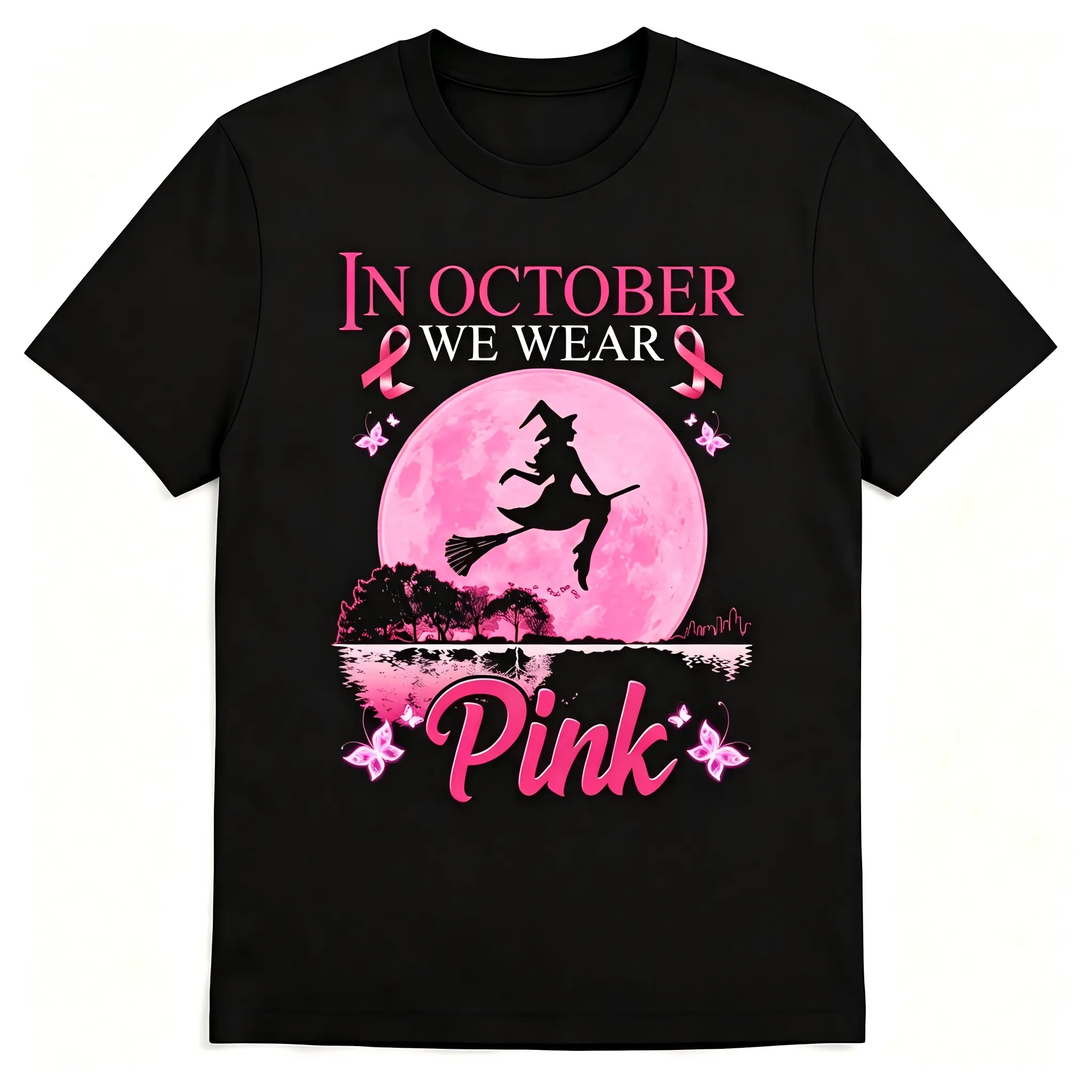 "In October We Wear Pink" Breast Cancer Awareness T-Shirt for Men Women – Witch Silhouette Full Moon Butterfly Graphic Tee, Soft Breathable Cotton Crew Neck Short Sleeve, Halloween Support Daily Top, Pink Ribbon Gift, Machine Washable