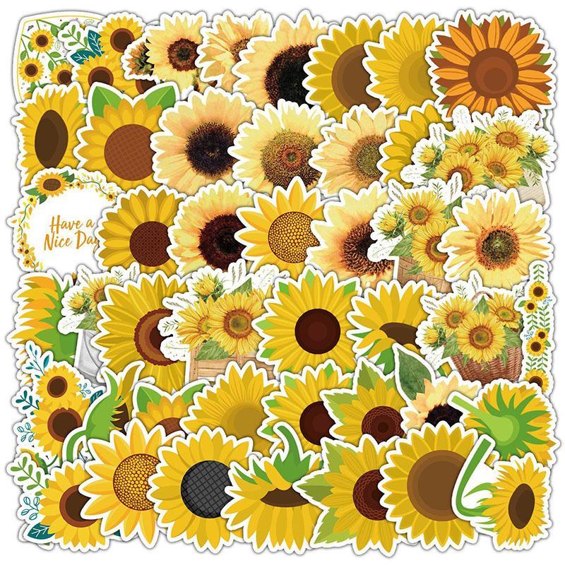 Sunflower Pattern Sticker, 50pcs/set Waterproof Self Adhesive Decor Paper, Decor Sticker for Gift Greeting Card Water Bottle Laptop Phone
