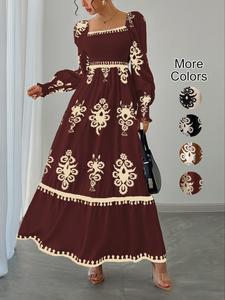 women's all over print shirred bishop sleeve a line dress, longsleeves dress for fall & winter, women's clothing for vacation holiday, dresses for women, womenswear, classy modest dresses, casual dresses