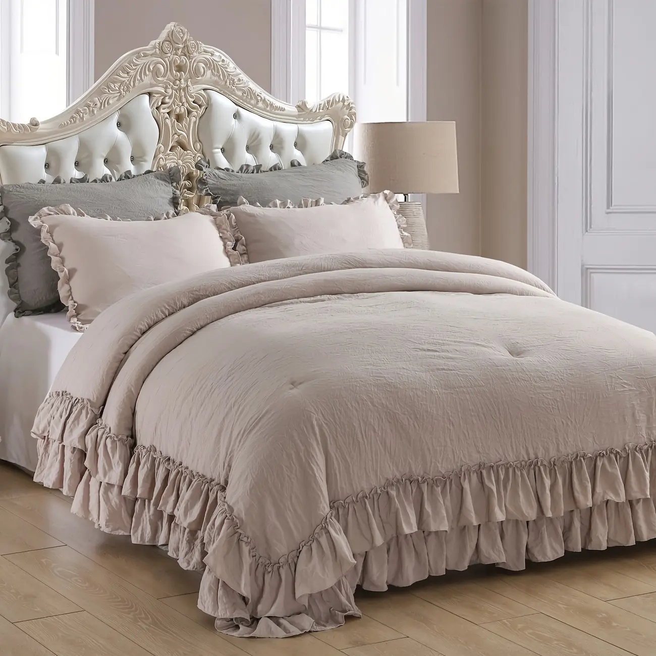 Shabby Ruffled 3-Piece Taupe Comforter Set, Lightweight Microfiber Inner Fill Bedding