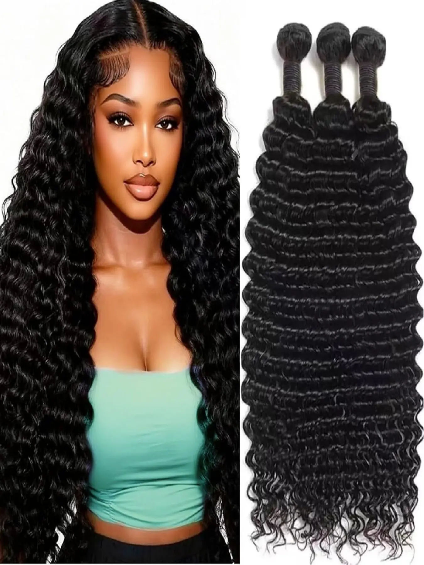 Deep Wave Human Hair Bundles Raw Curly Bundles Human Hair Unprocessed 3 Bundles Brazilian Human Hair Extensions Kinky Bulk Extensions Quick Weave Natural Black
