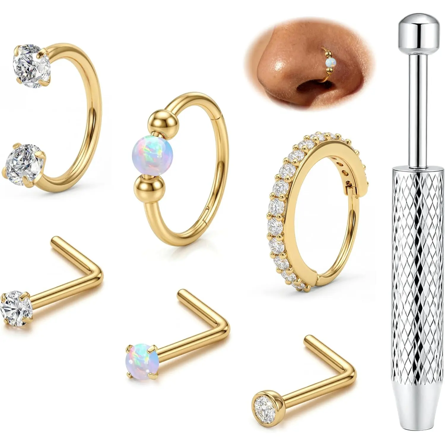 FIASASO 20G Nose Ring Thin Hypoallergenic Surgical Steel L-Shape Nose Stud 0.8MM Cubic Zirconia Nose Piercing Jewellery Gold Silver Nose Stud for Women