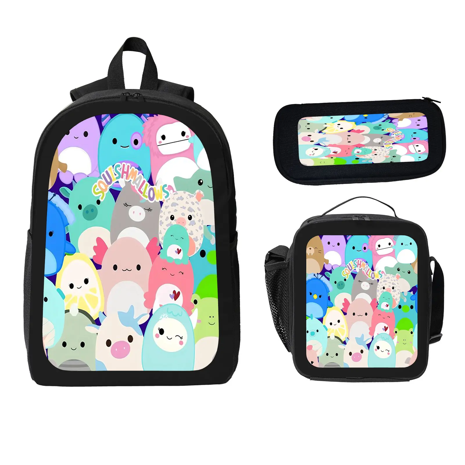 Squishmallows 3 Pcs School Backpack Set for Boys Girls Kids, Large Capacity Bookbag with Insulated Lunch Bag Pencil Case, Water Resistant Travel Daypack for Elementary Middle School f-80