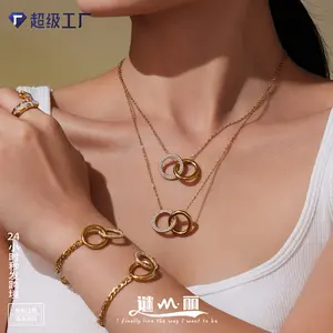 Design Double Circle Zirconia Beaded Bracelet and Necklace with 18K Gold Plated Interlocking Stainless Steel Rings