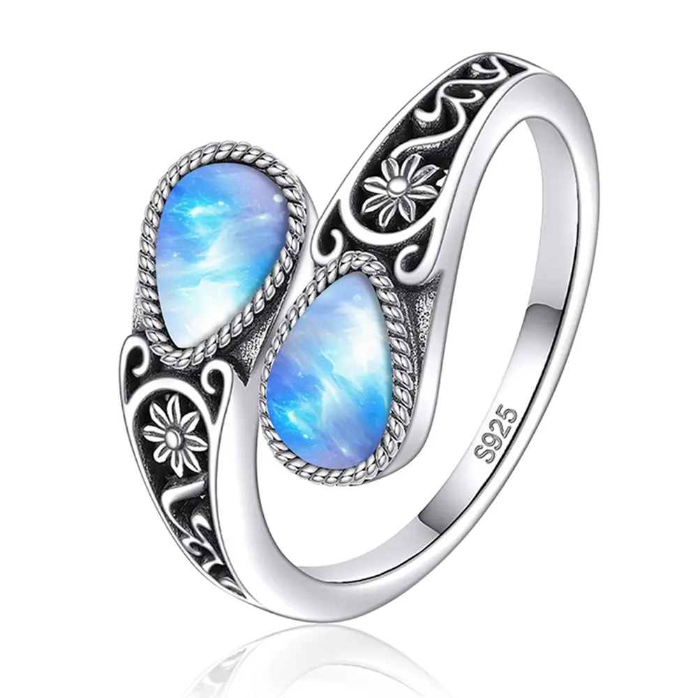 Victorian Vintage Moonstone Ring for Women – 925 Sterling Silver Floral Cameo Open Band, Bohemian Statement Rings