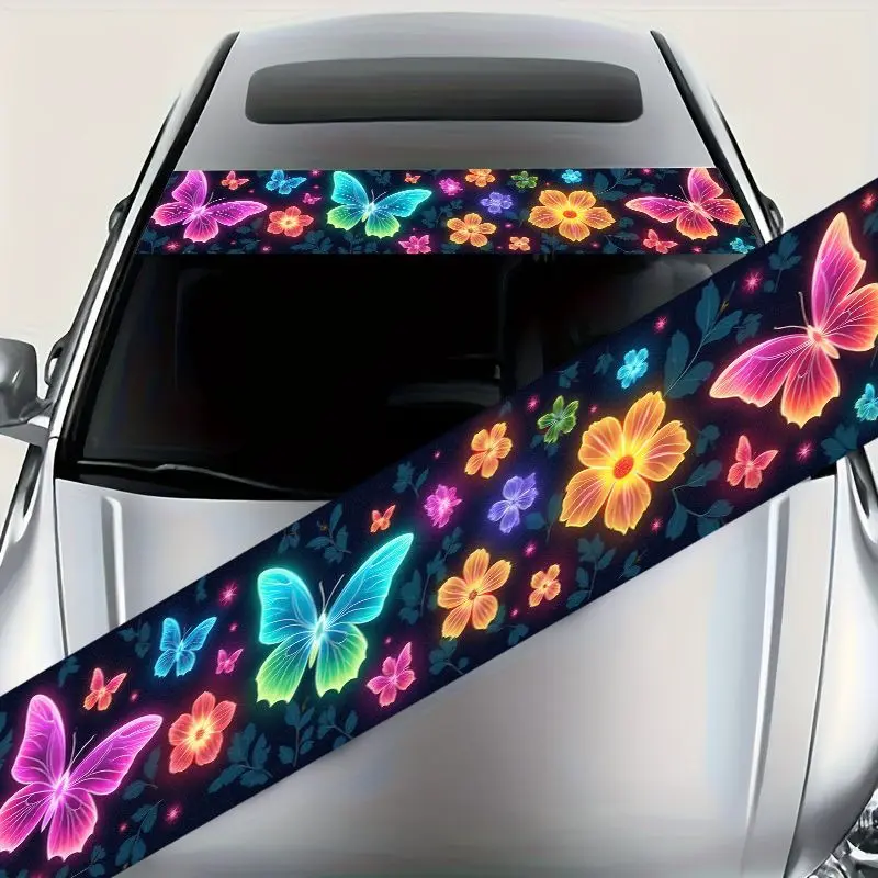 1pc Vibrant Luminous Butterfly And Floral Pattern Car Front Windshield Sticker, an Eye-Catching Windshield Aesthetic, Waterproof, Sun-Proof, And Scratch-Resistant, Suitable for All Car Models, Durable Automotive Decoration, Car Decals., Vehicle