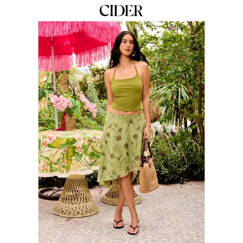 Cider Halter Neckline Top & Floral Flared Midi Skirt Set