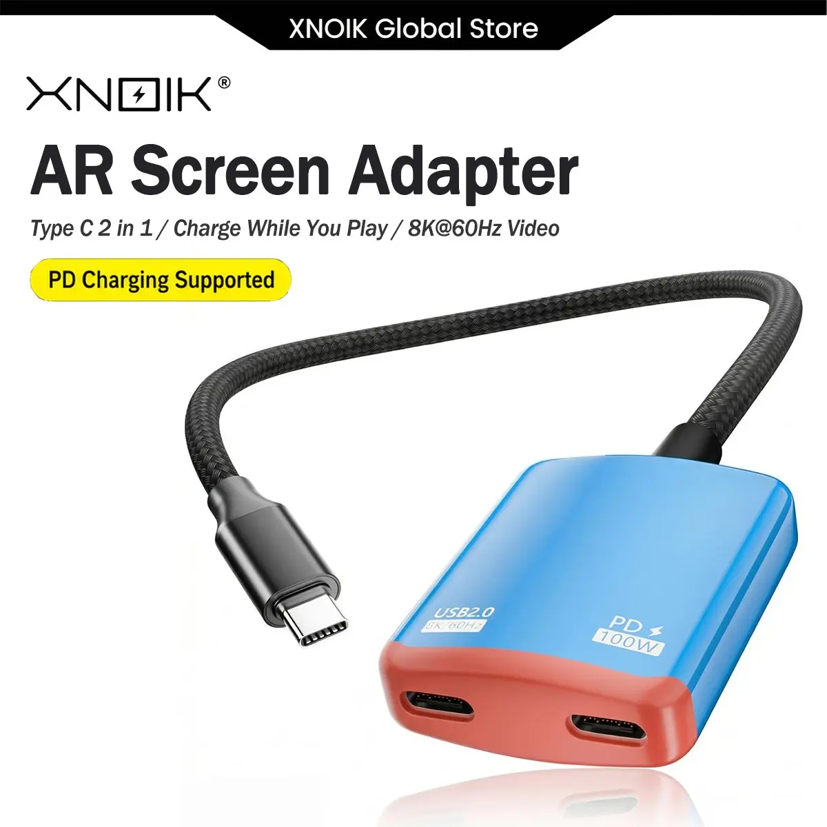 USB C to Dual USB C AR Glasses Adapter, Charge & Display Splitter, 100W PD, 8K 60Hz Video Output, Plug and Play for XREAL, for Viture, for Rokid, for RayNeo, for Steam Deck, for ROG Ally X, for Nintendo Switch, for Switch OLED, Back To School Tech
