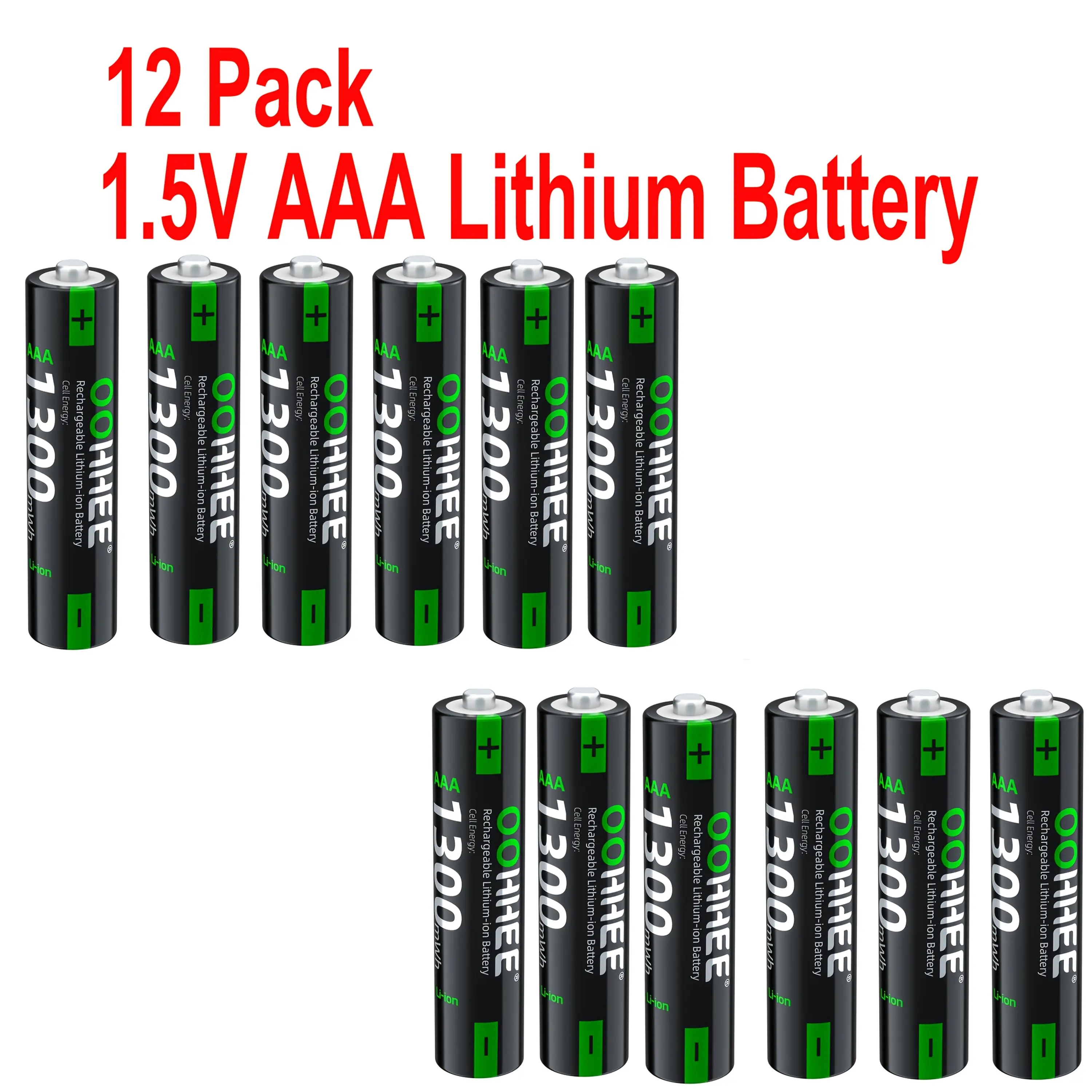 OOHHEE AAA 1.5V 12 Pack Lithium-Ion Batteries Rechargeable 1300mWh High Capacity