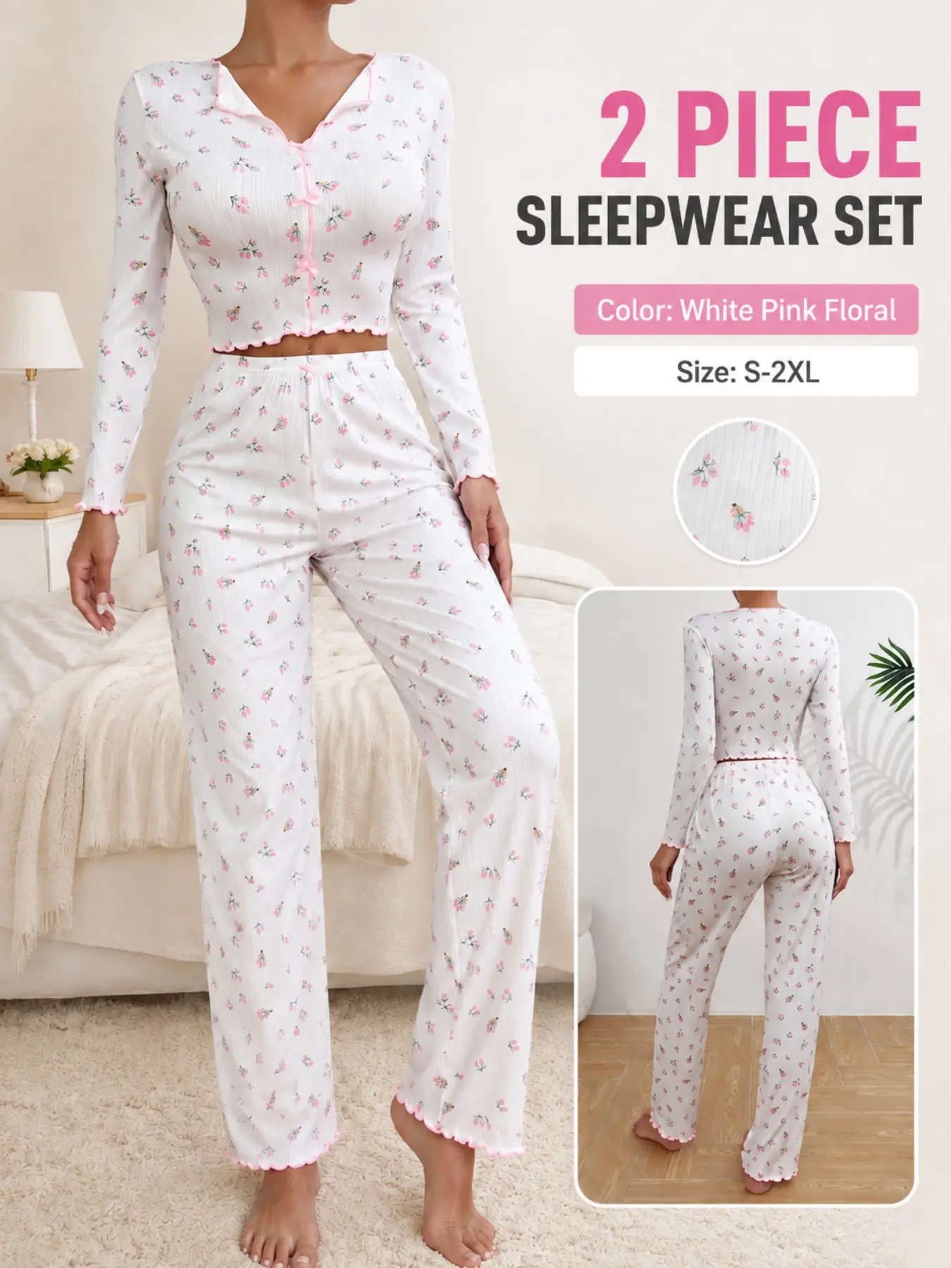 2 Piece Women Pajama Set Floral Print, Long Sleeve Sleep Top with Pants, Cute Lounge Wear Set, Cozy Nightwear, Home Casual Outfit for Women S-2XL