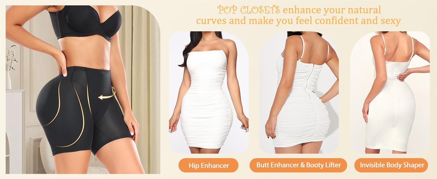 POP CLOSETS Women's Neoprene Body Shaper Hip Padded Booty Lifter Tummy Control Panty with Removable 4 Pads for Enhanced Butt Lift and Slim Waist